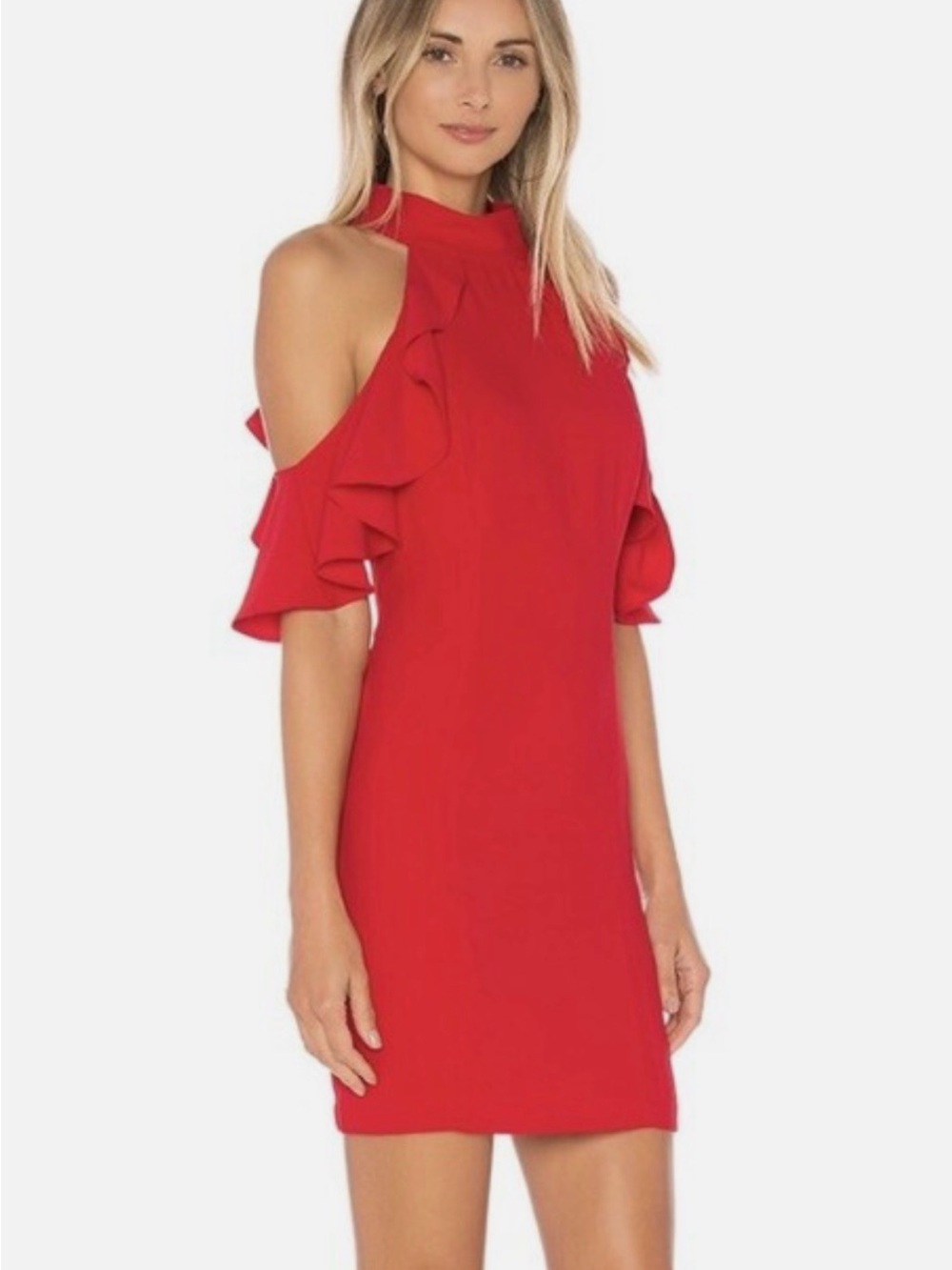 Amanda Uprichard Red Cold-Shoulder Ruffle Mini Dress SIZE Small